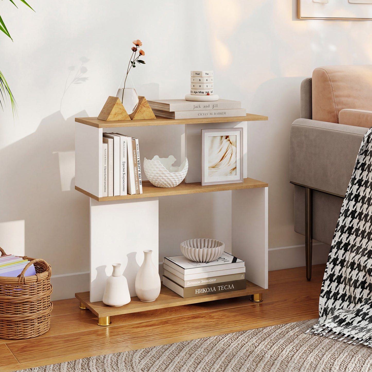 3-Tier Modern S-shaped Bookshelf with Adjustable Feet, White