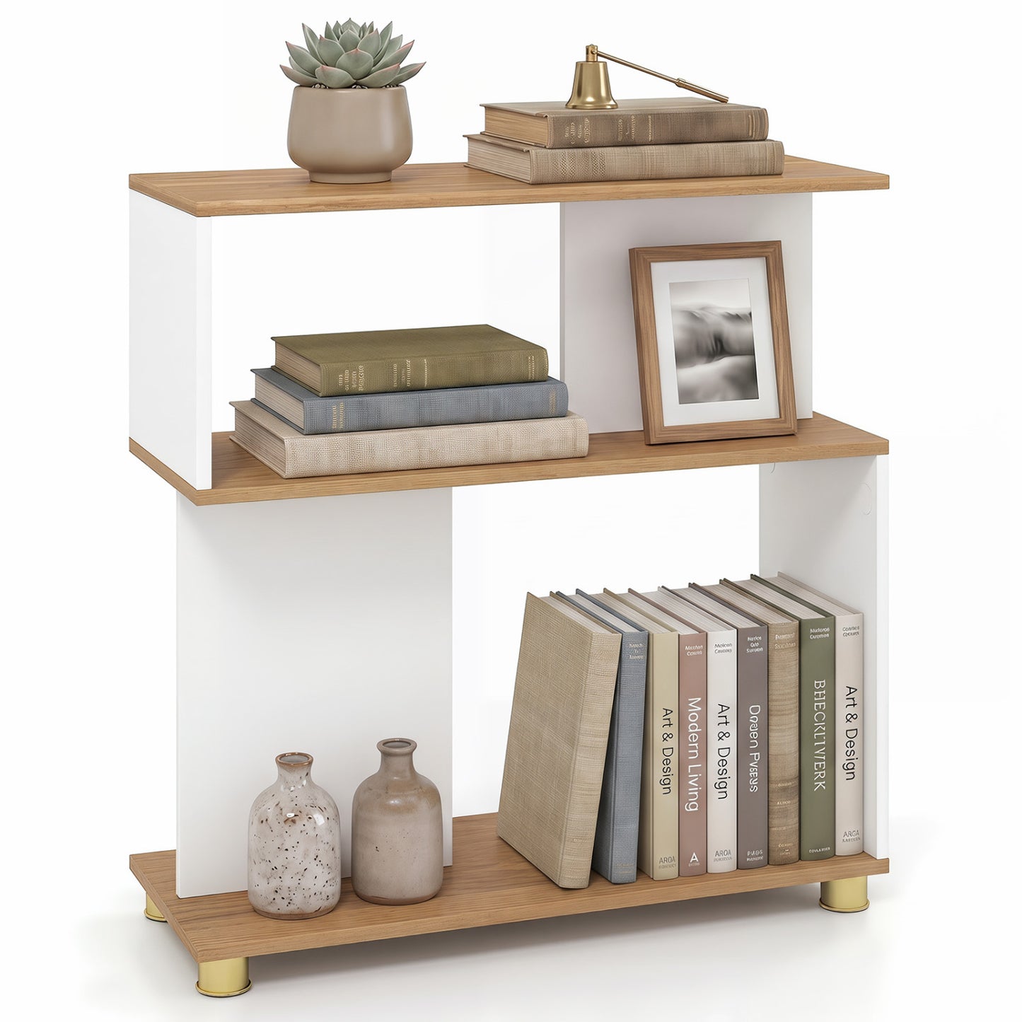 3-Tier Modern S-shaped Bookshelf with Adjustable Feet, White
