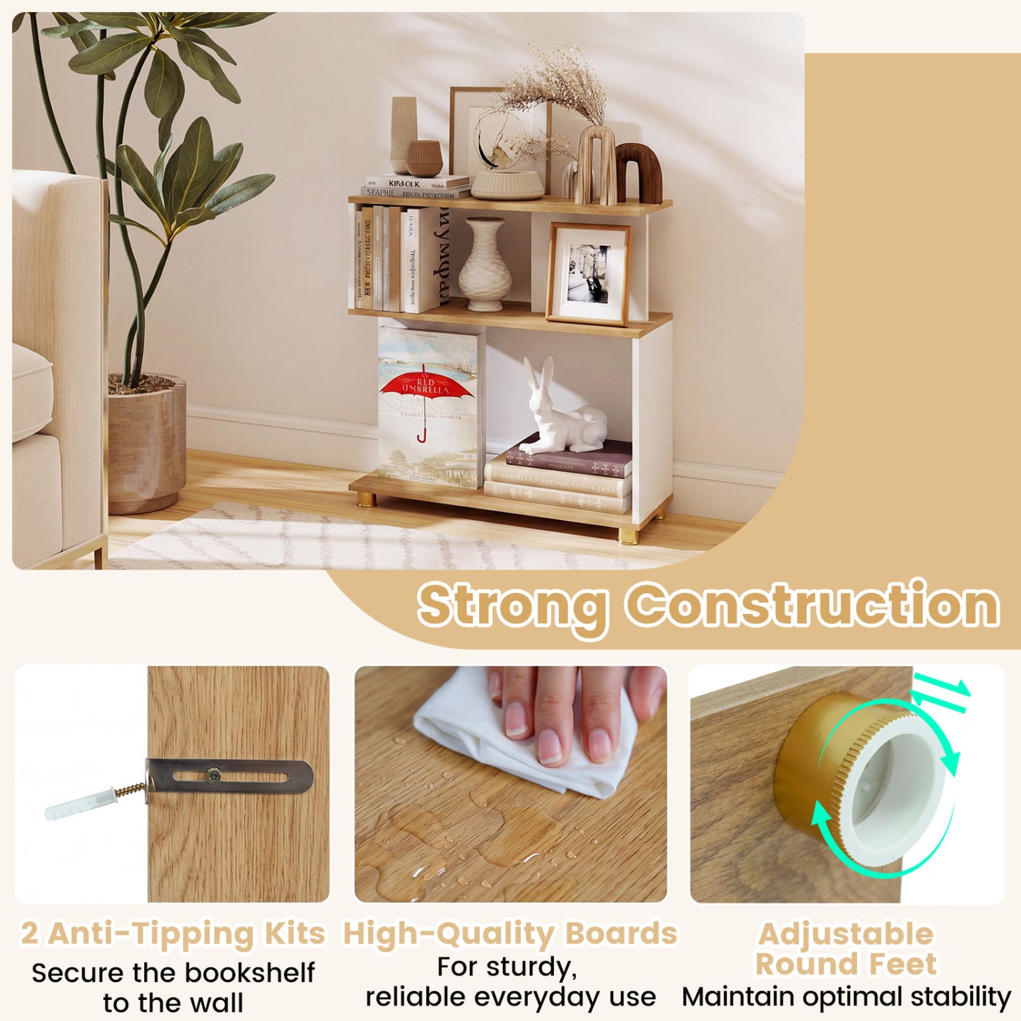 3-Tier Modern S-shaped Bookshelf with Adjustable Feet, White