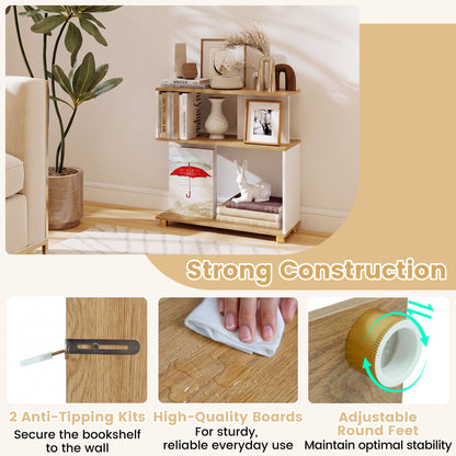 3-Tier Modern S-shaped Bookshelf with Adjustable Feet, White