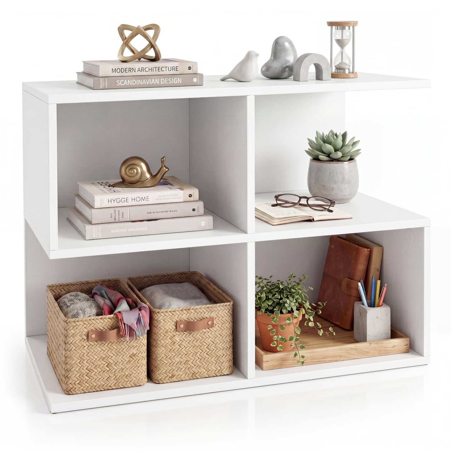 3-Tier Modern S-Shaped End Table, 4 Cubes, White