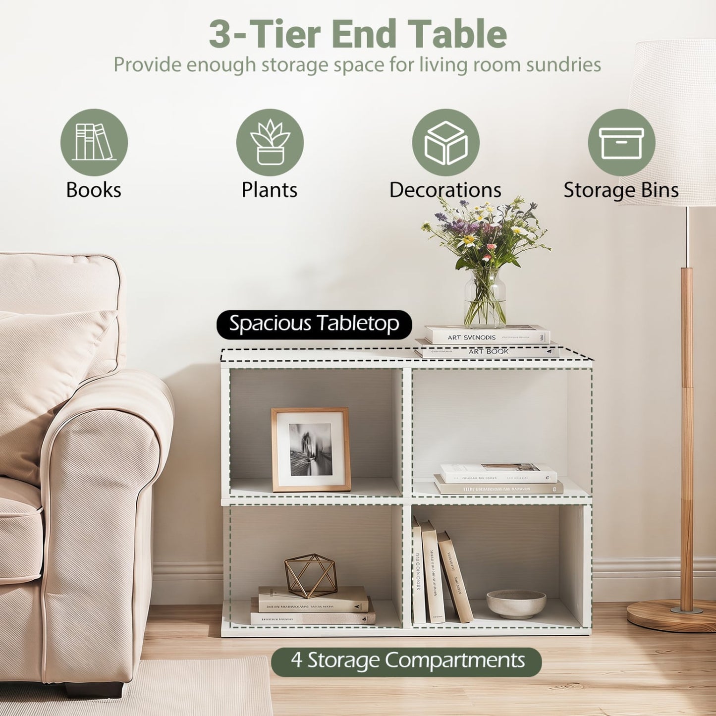 3-Tier Modern S-Shaped End Table, 4 Cubes, White