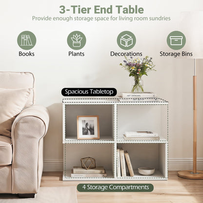 3-Tier Modern S-Shaped End Table, 4 Cubes, White