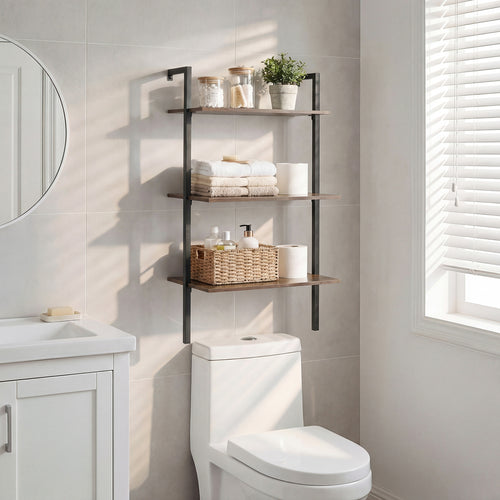 3-Tier Modern Wall Mounted Shelves Wooden Floating Shelving Unit Metal Ladder Bookshelf, Rustic Brown