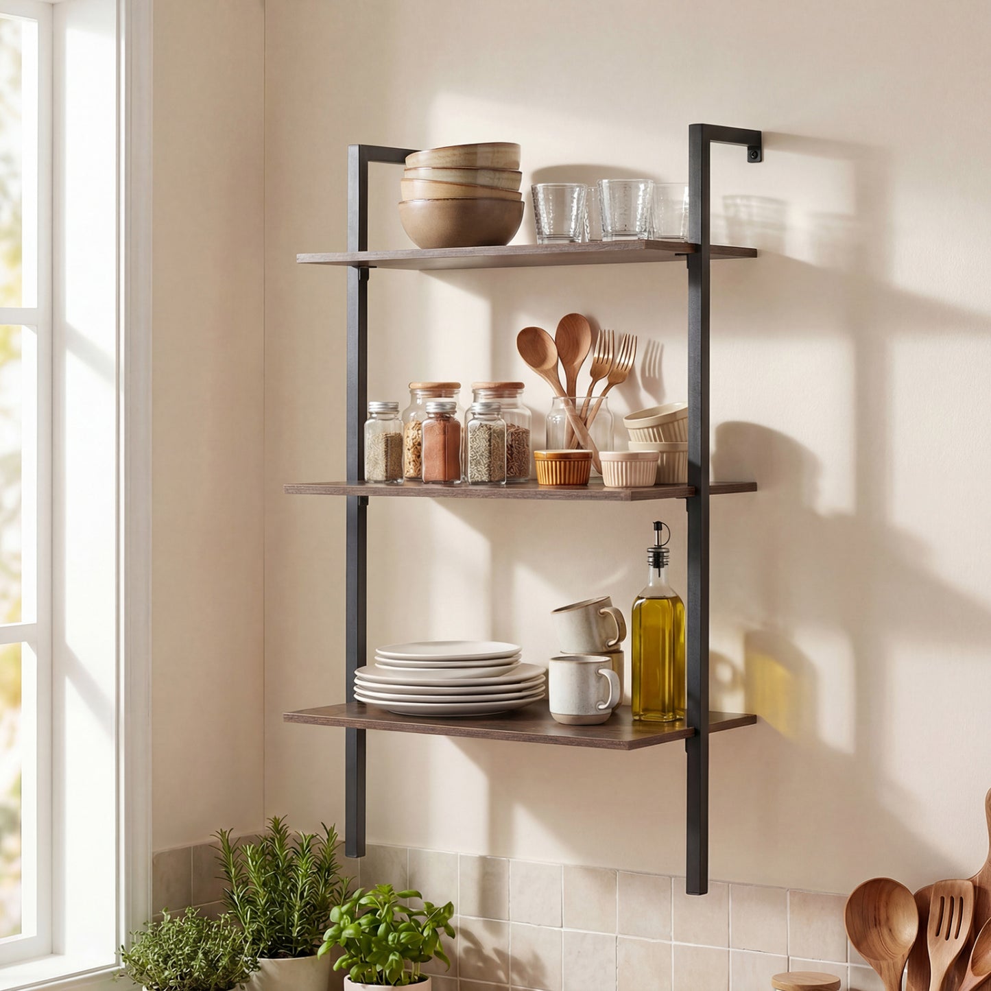 3-Tier Modern Wall Mounted Shelves Wooden Floating Shelving Unit Metal Ladder Bookshelf, Rustic Brown Bookcases at Gallery Canada