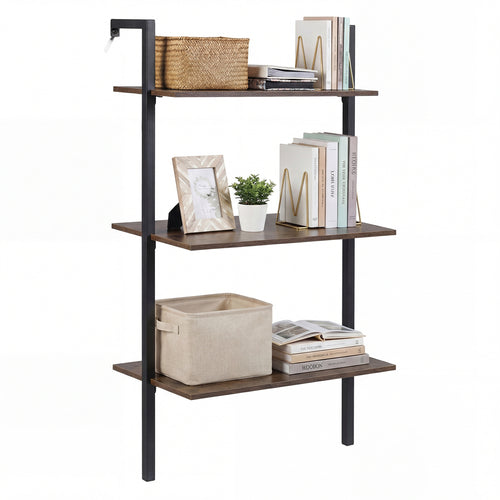 3-Tier Modern Wall Mounted Shelves Wooden Floating Shelving Unit Metal Ladder Bookshelf, Rustic Brown