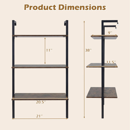 3-Tier Modern Wall Mounted Shelves Wooden Floating Shelving Unit Metal Ladder Bookshelf, Rustic Brown Bookcases at Gallery Canada