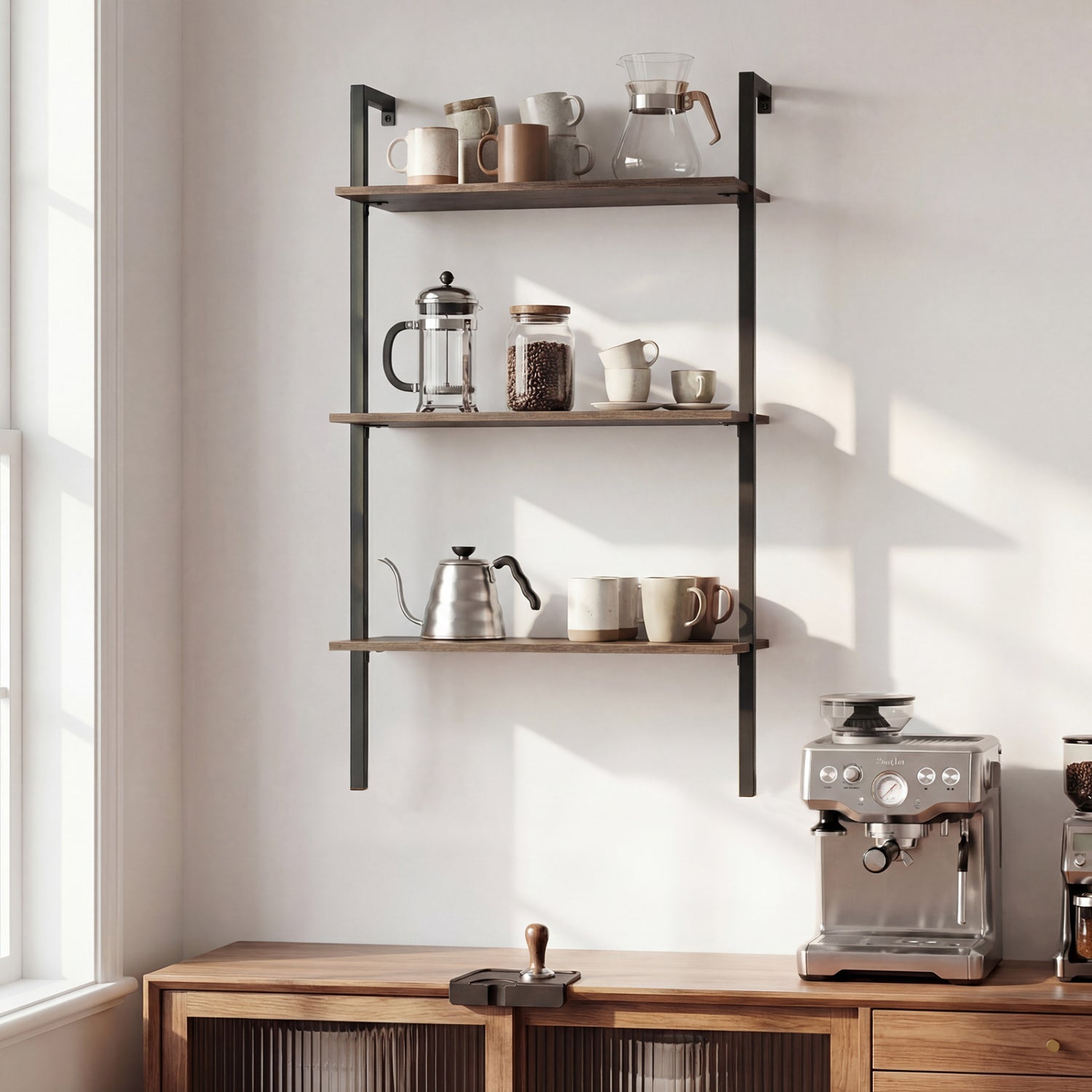 3-Tier Modern Wall Mounted Shelves Wooden Floating Shelving Unit Metal Ladder Bookshelf, Rustic Brown Bookcases at Gallery Canada