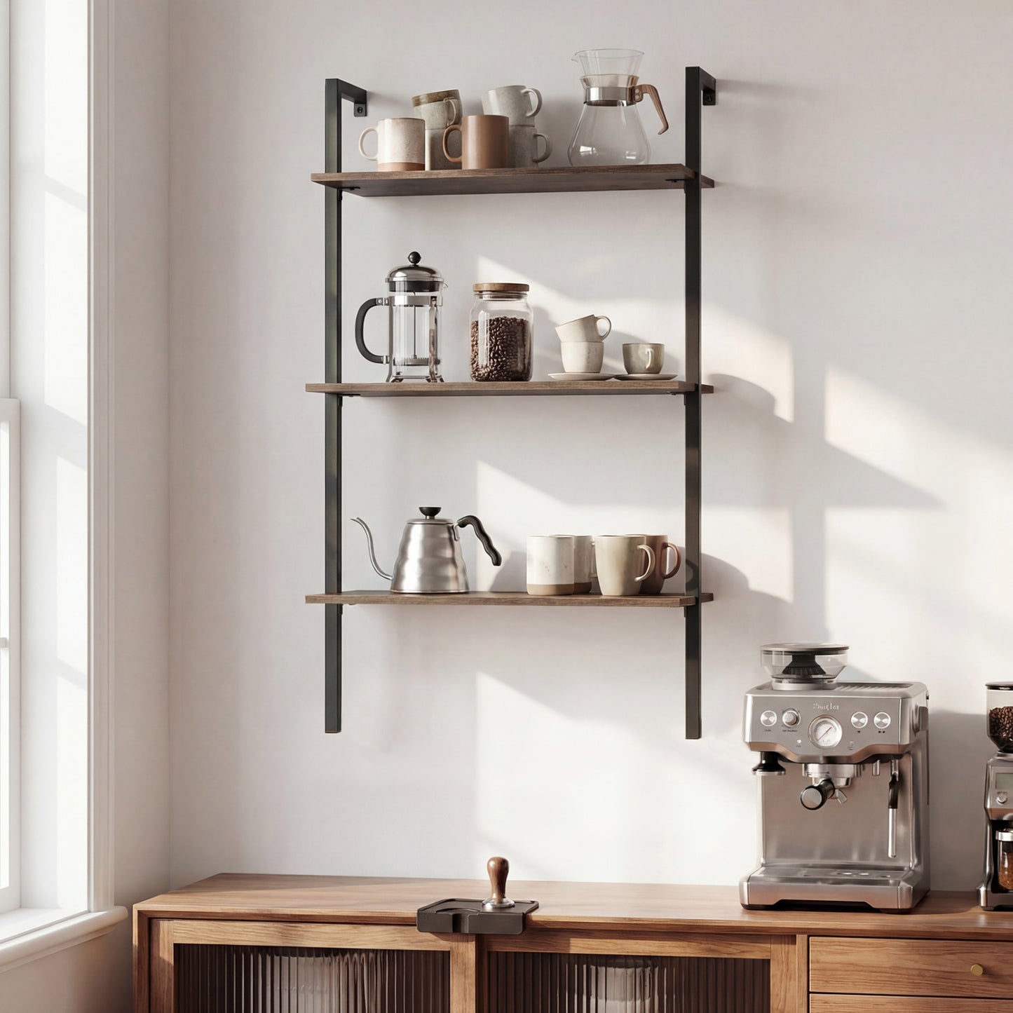 3-Tier Modern Wall Mounted Shelves Wooden Floating Shelving Unit Metal Ladder Bookshelf, Rustic Brown Bookcases at Gallery Canada