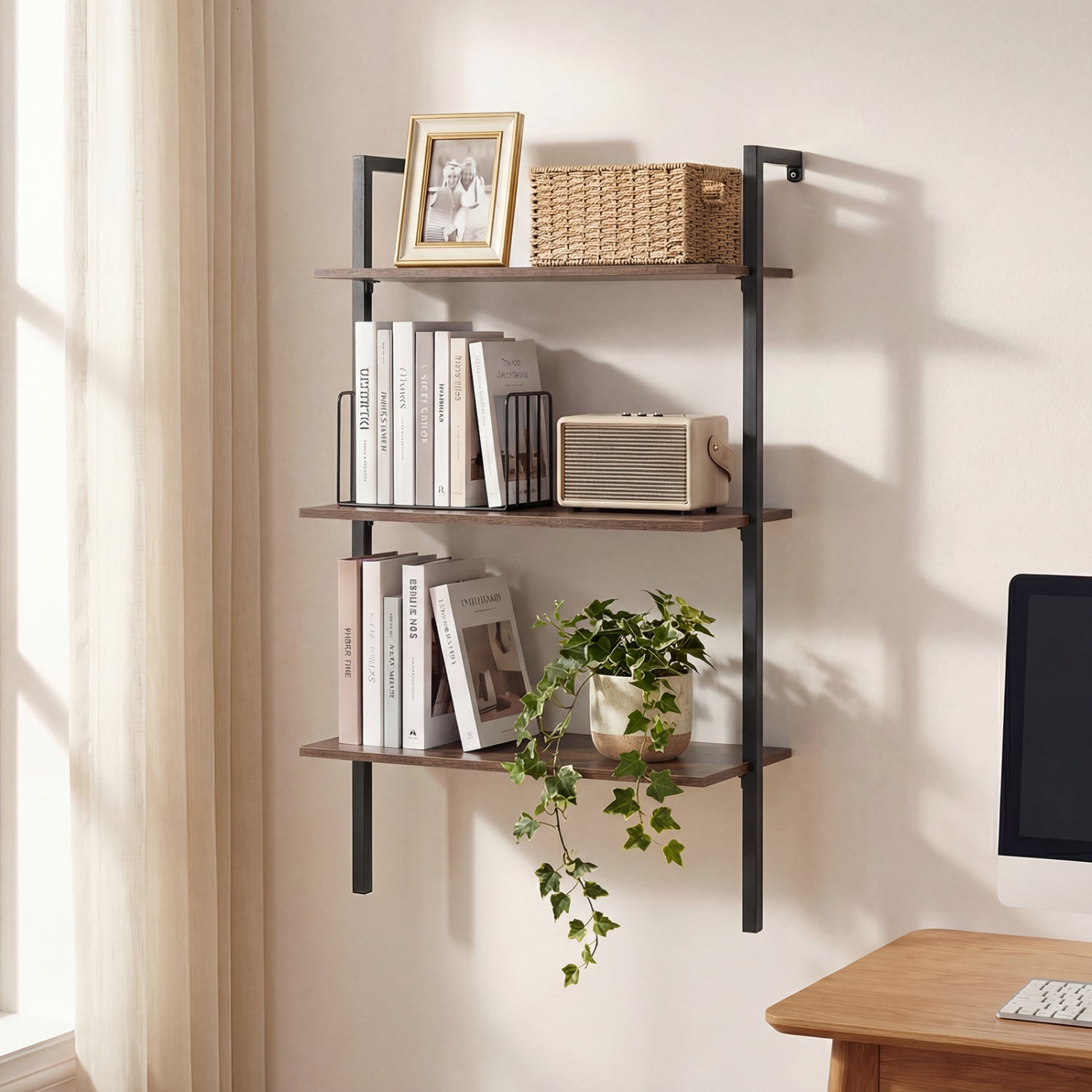 3-Tier Modern Wall Mounted Shelves Wooden Floating Shelving Unit Metal Ladder Bookshelf, Rustic Brown Bookcases at Gallery Canada