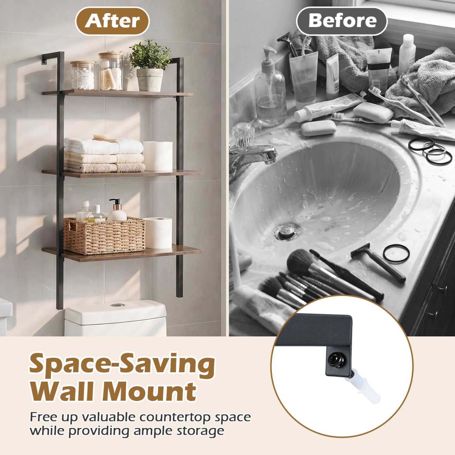 3-Tier Modern Wall Mounted Shelves Wooden Floating Shelving Unit Metal Ladder Bookshelf, Rustic Brown Bookcases at Gallery Canada
