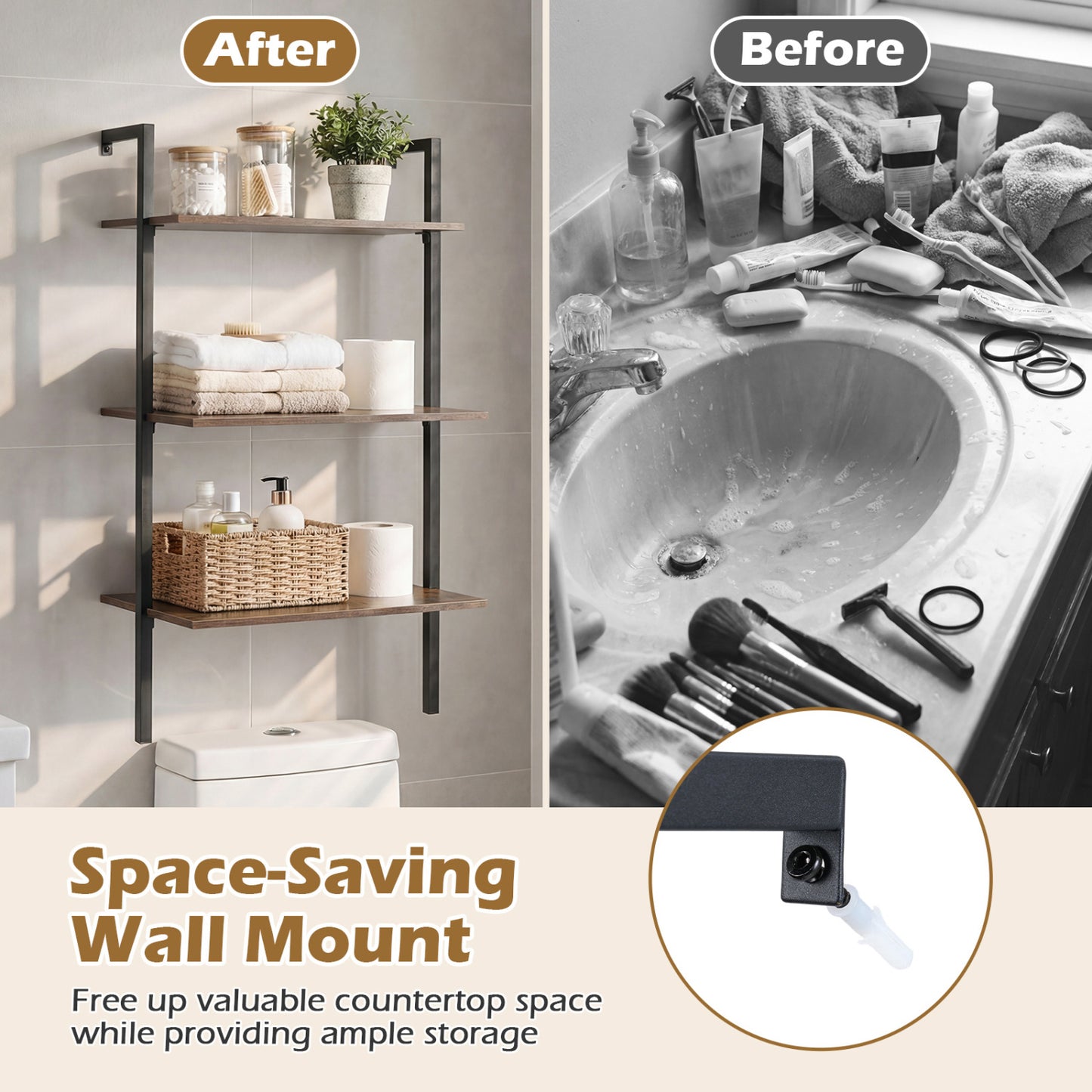 3-Tier Modern Wall Mounted Shelves Wooden Floating Shelving Unit Metal Ladder Bookshelf, Rustic Brown Bookcases at Gallery Canada