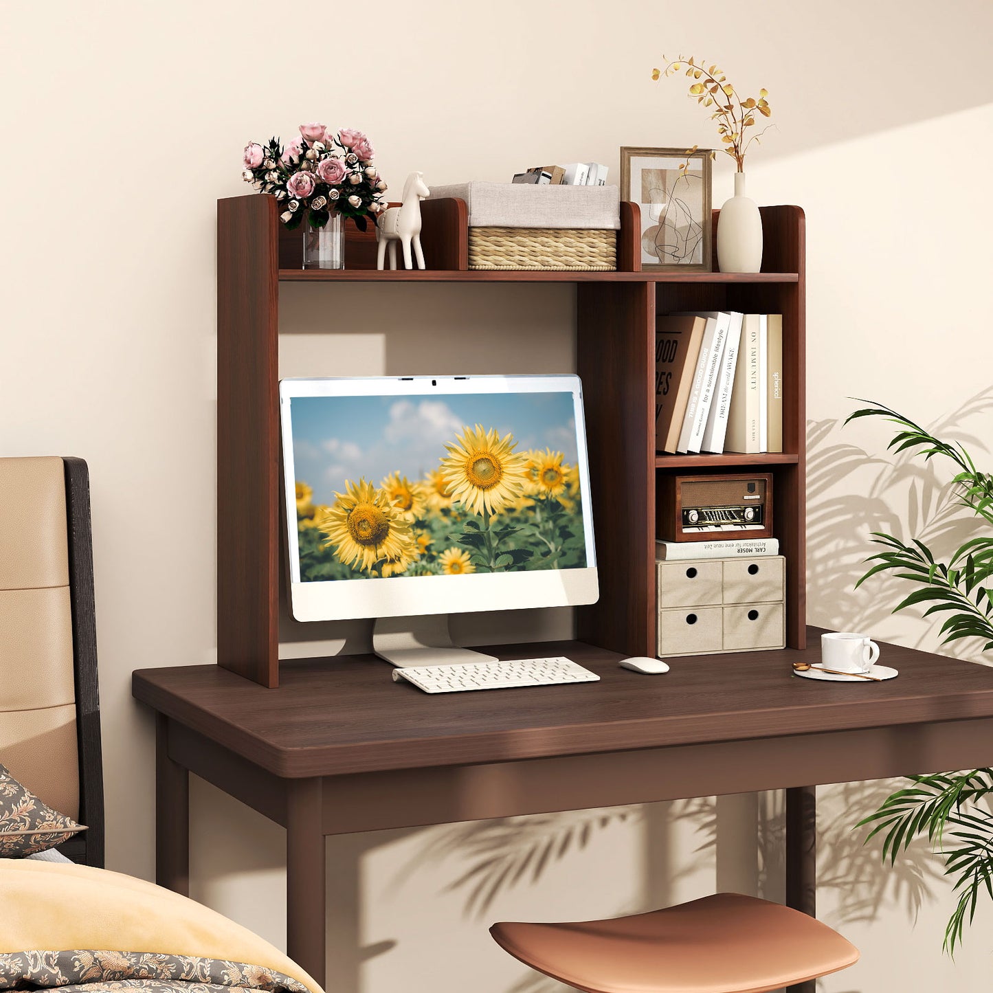 3-Tier Multipurpose Desk Bookshelf with 4 Shelves-HT, Walnut