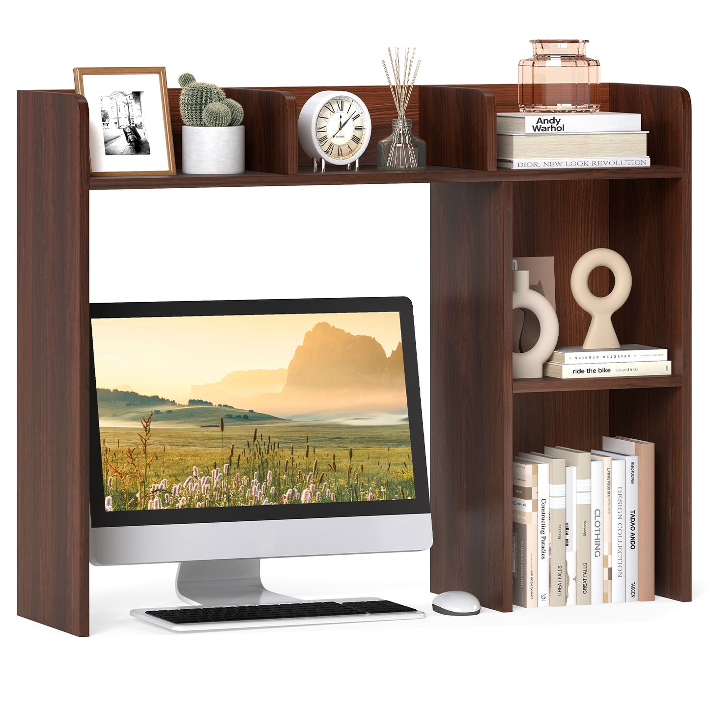 3-Tier Multipurpose Desk Bookshelf with 4 Shelves-HT, Walnut