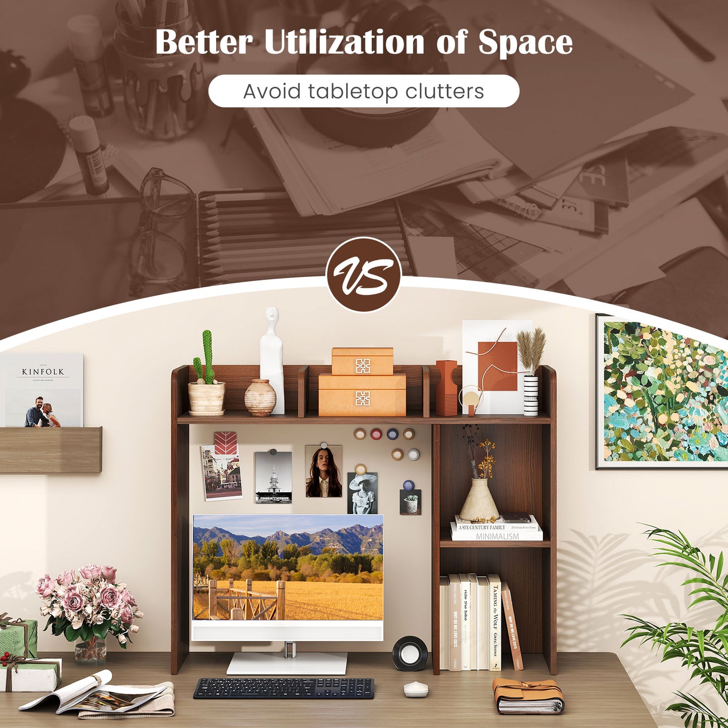 3-Tier Multipurpose Desk Bookshelf with 4 Shelves-HT, Walnut