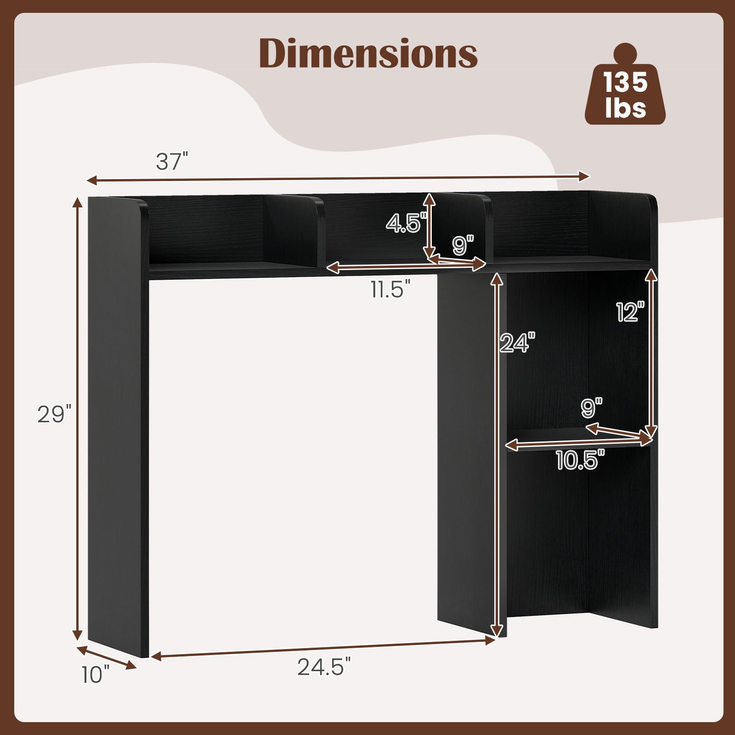 3-Tier Multipurpose Desk Bookshelf with 4 Shelves, Black