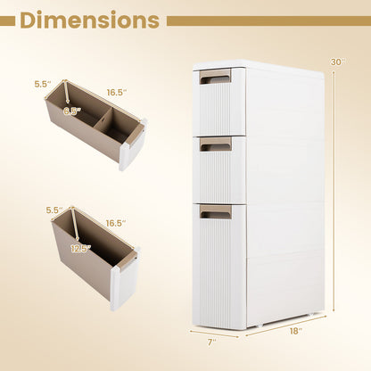 3-Tier Slim Rolling Storage Cart With 3 Drawers, Beige
