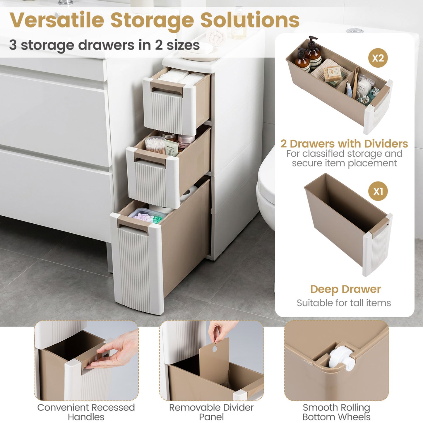 3-Tier Slim Rolling Storage Cart With 3 Drawers, Beige
