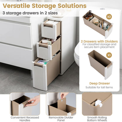 3-Tier Slim Rolling Storage Cart With 3 Drawers, Beige