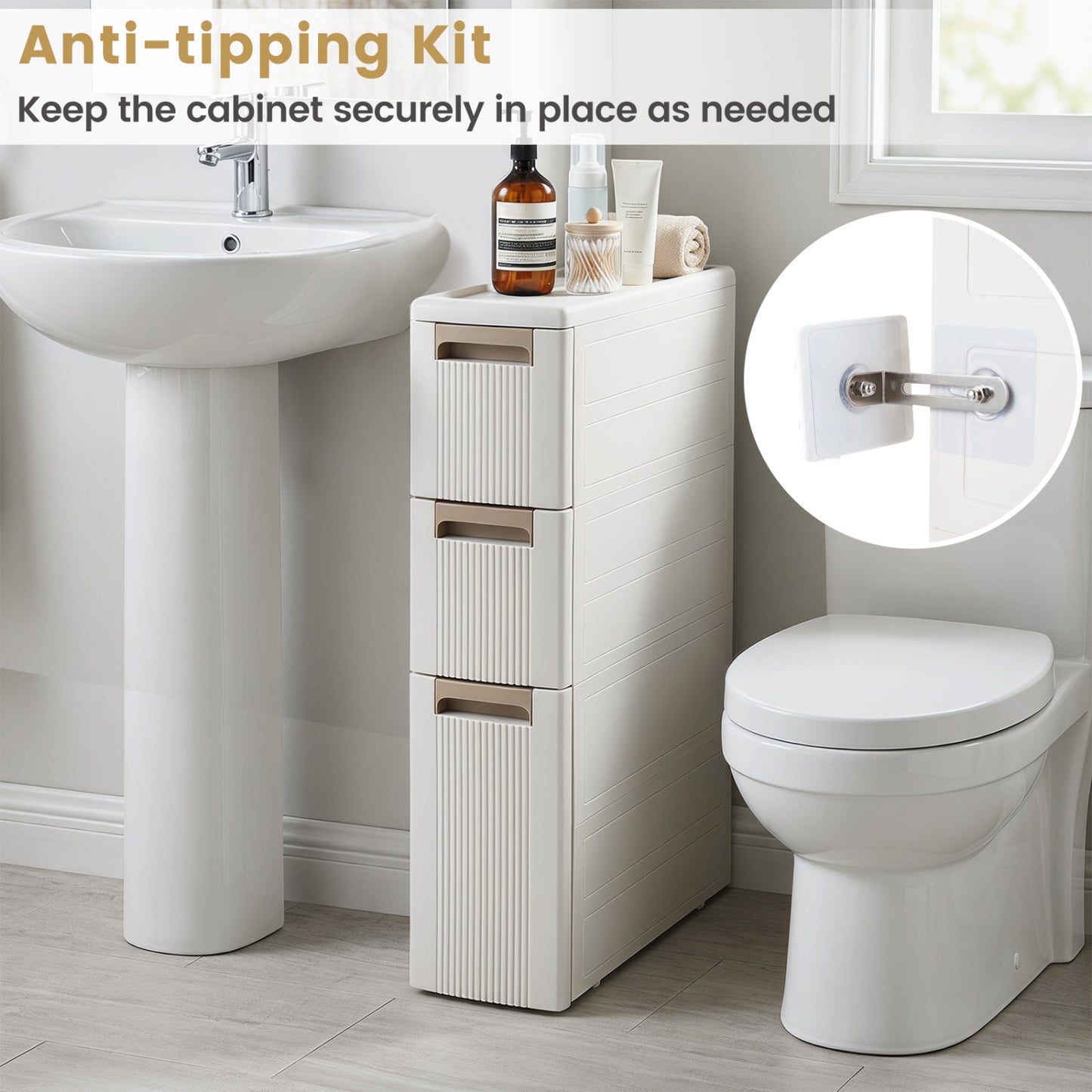 3-Tier Slim Rolling Storage Cart With 3 Drawers, Beige Floor Cabinets at Gallery Canada