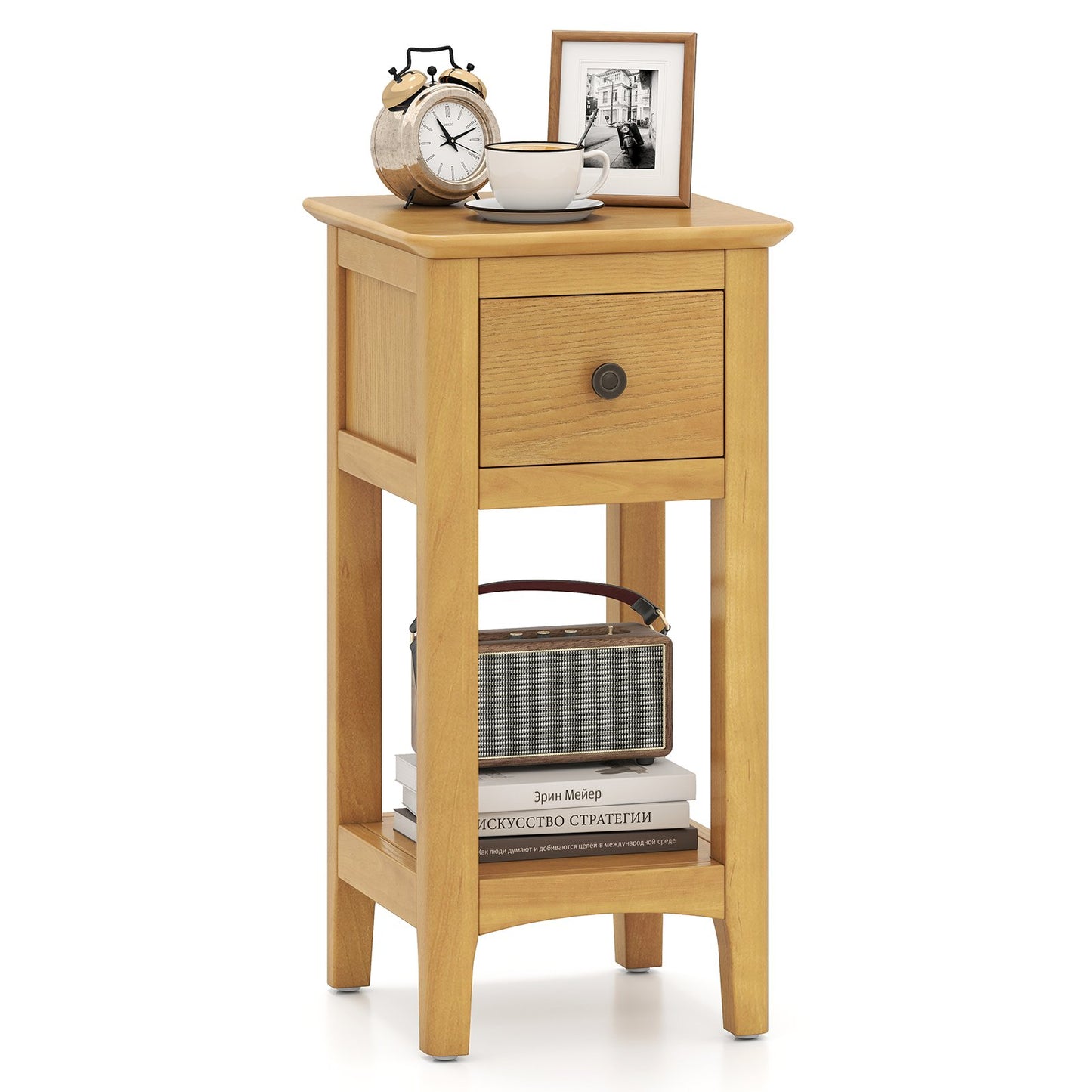 3-Tier Nightstand with Drawer and Open Storage Shelf, Natural Nightstands at Gallery Canada