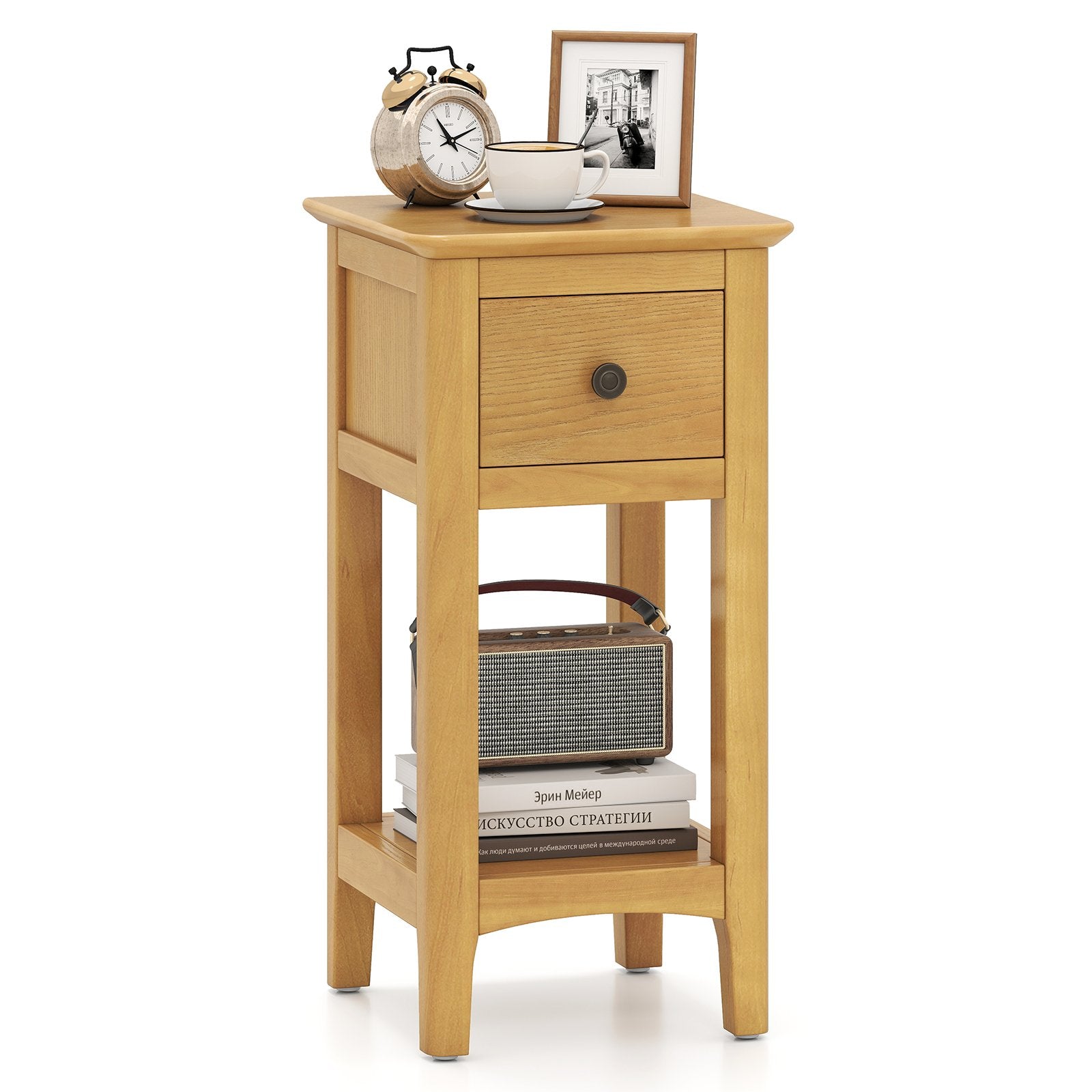 3-Tier Nightstand with Drawer and Open Storage Shelf, Natural Nightstands at Gallery Canada