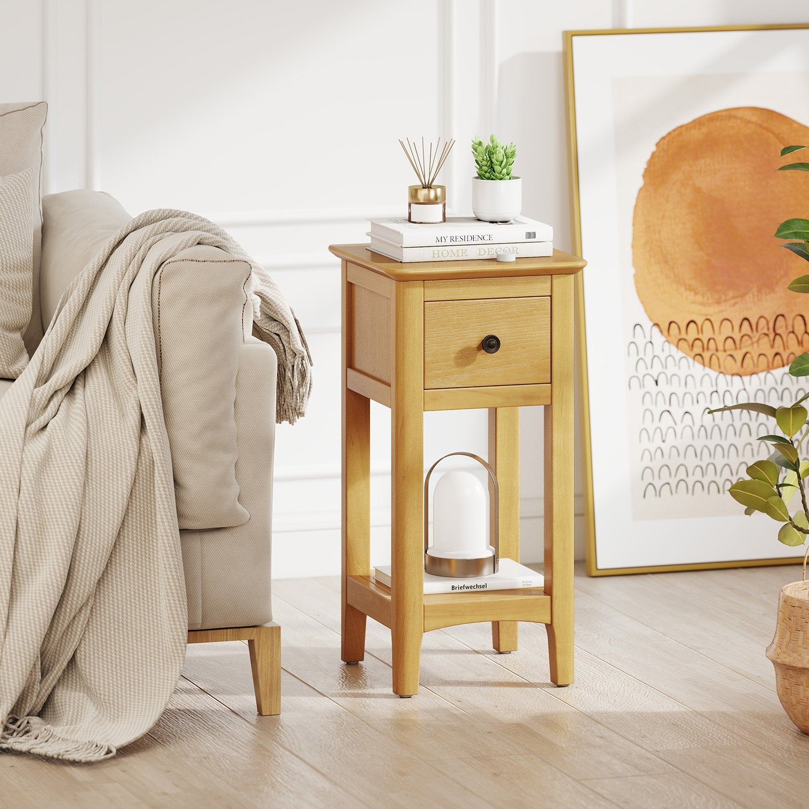 3-Tier Nightstand with Drawer and Open Storage Shelf, Natural Nightstands at Gallery Canada