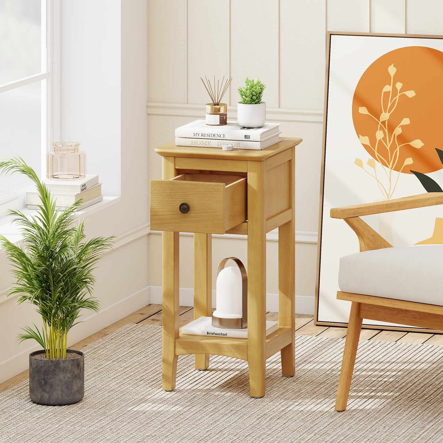 3-Tier Nightstand with Drawer and Open Storage Shelf, Natural Nightstands at Gallery Canada