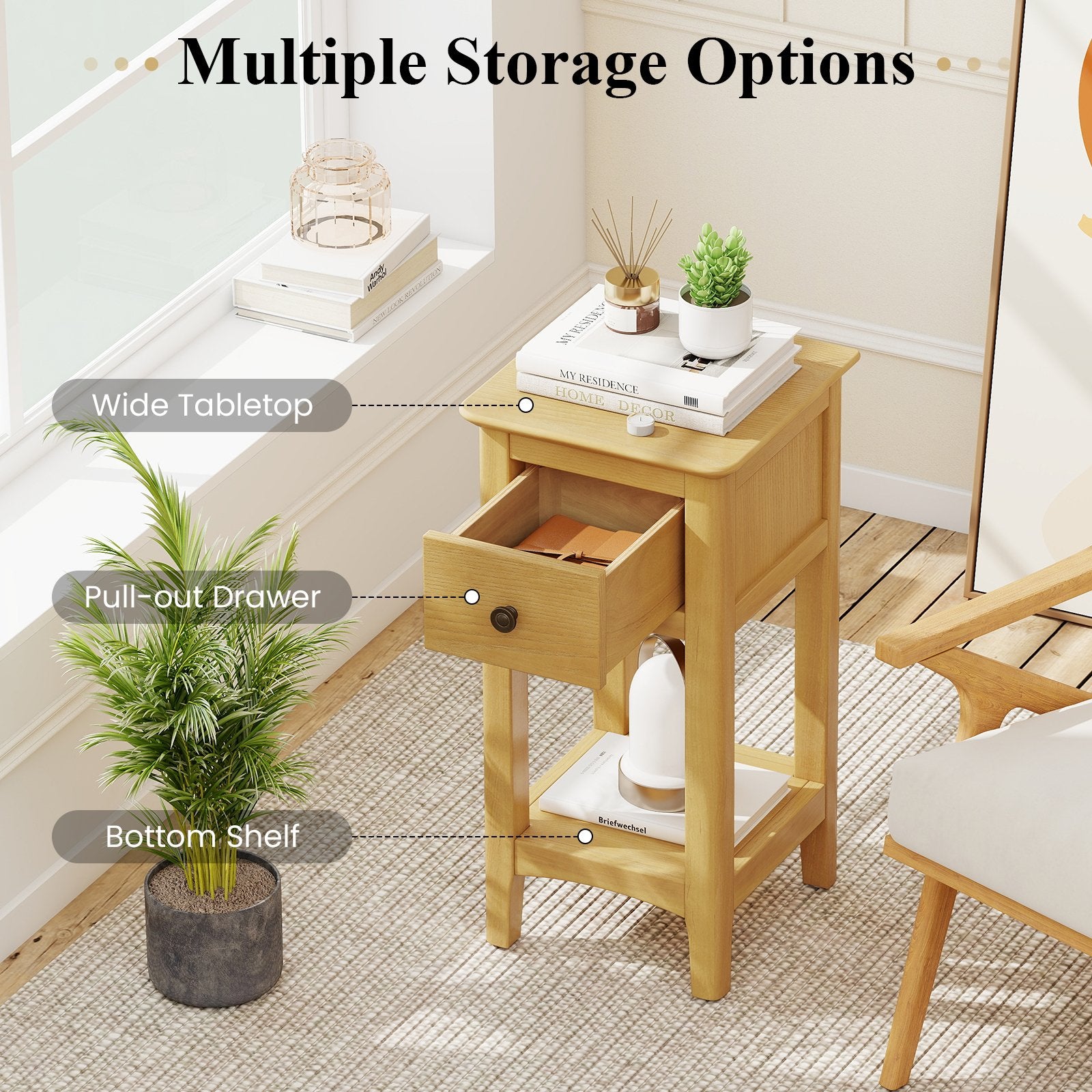 3-Tier Nightstand with Drawer and Open Storage Shelf, Natural Nightstands at Gallery Canada