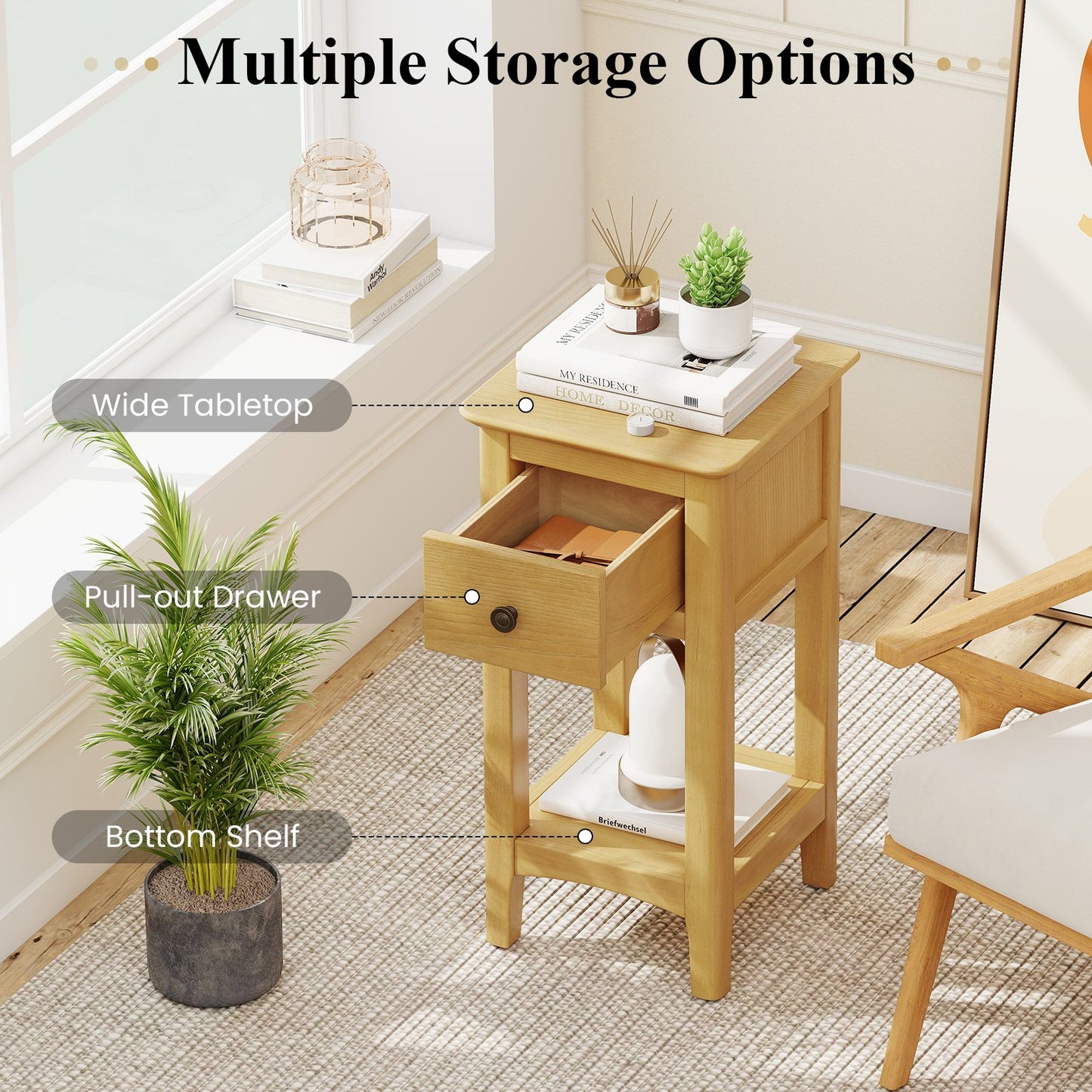 3-Tier Nightstand with Drawer and Open Storage Shelf, Natural Nightstands at Gallery Canada