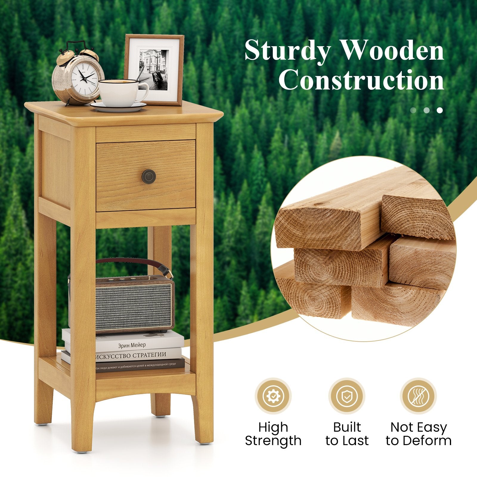 3-Tier Nightstand with Drawer and Open Storage Shelf, Natural Nightstands at Gallery Canada