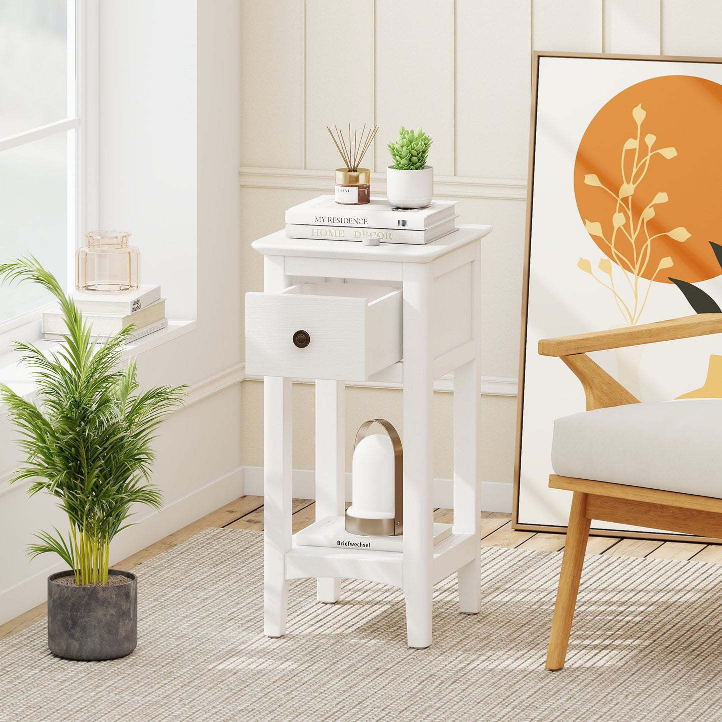 3-Tier Nightstand with Drawer and Open Storage Shelf, White Nightstands at Gallery Canada