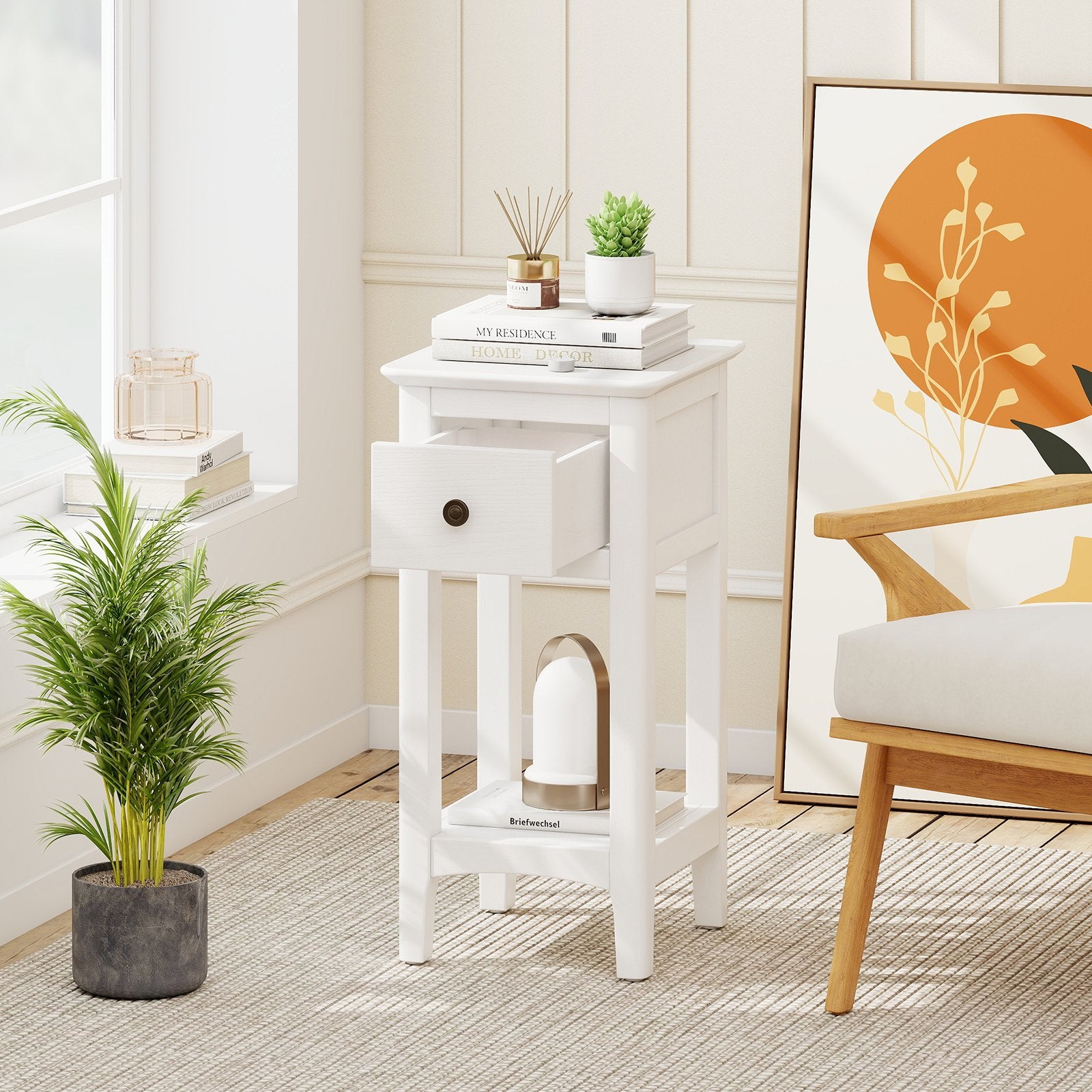 3-Tier Nightstand with Drawer and Open Storage Shelf, White Nightstands at Gallery Canada