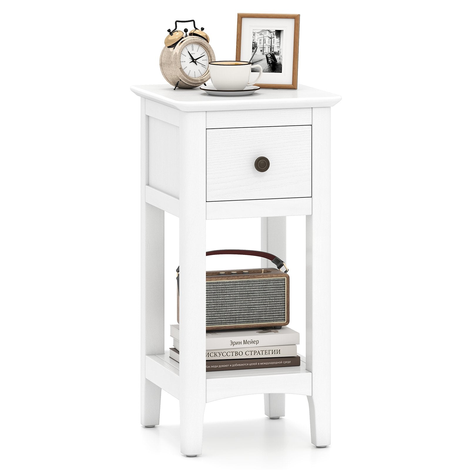 3-Tier Nightstand with Drawer and Open Storage Shelf, White Nightstands at Gallery Canada