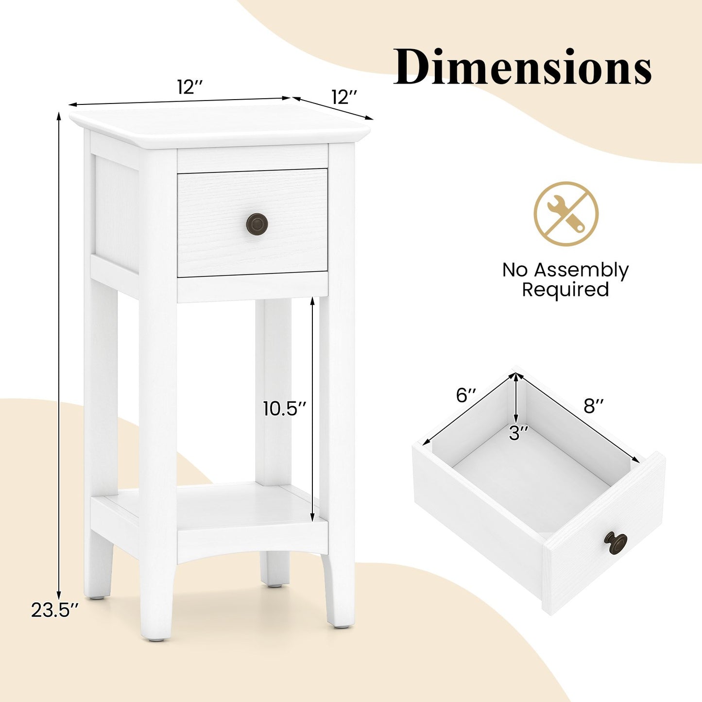 3-Tier Nightstand with Drawer and Open Storage Shelf, White Nightstands at Gallery Canada