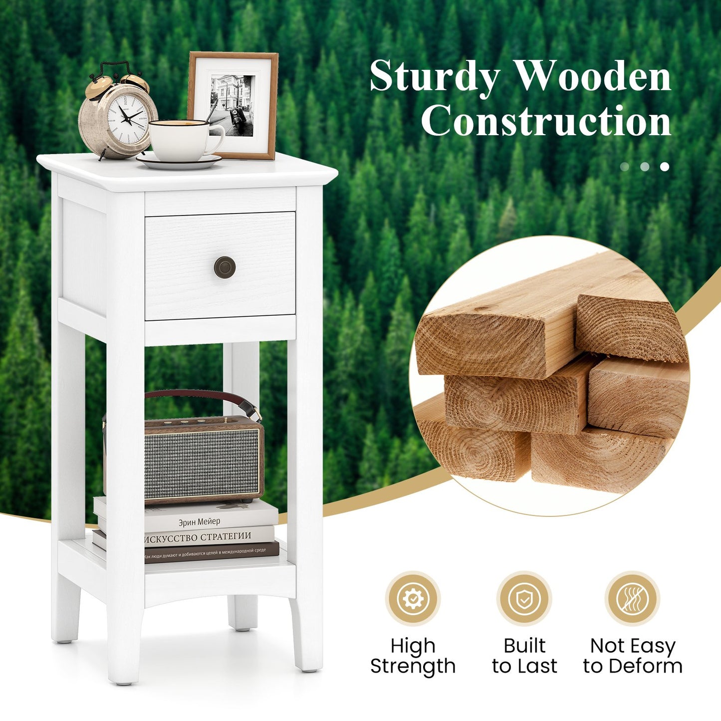 3-Tier Nightstand with Drawer and Open Storage Shelf, White Nightstands at Gallery Canada