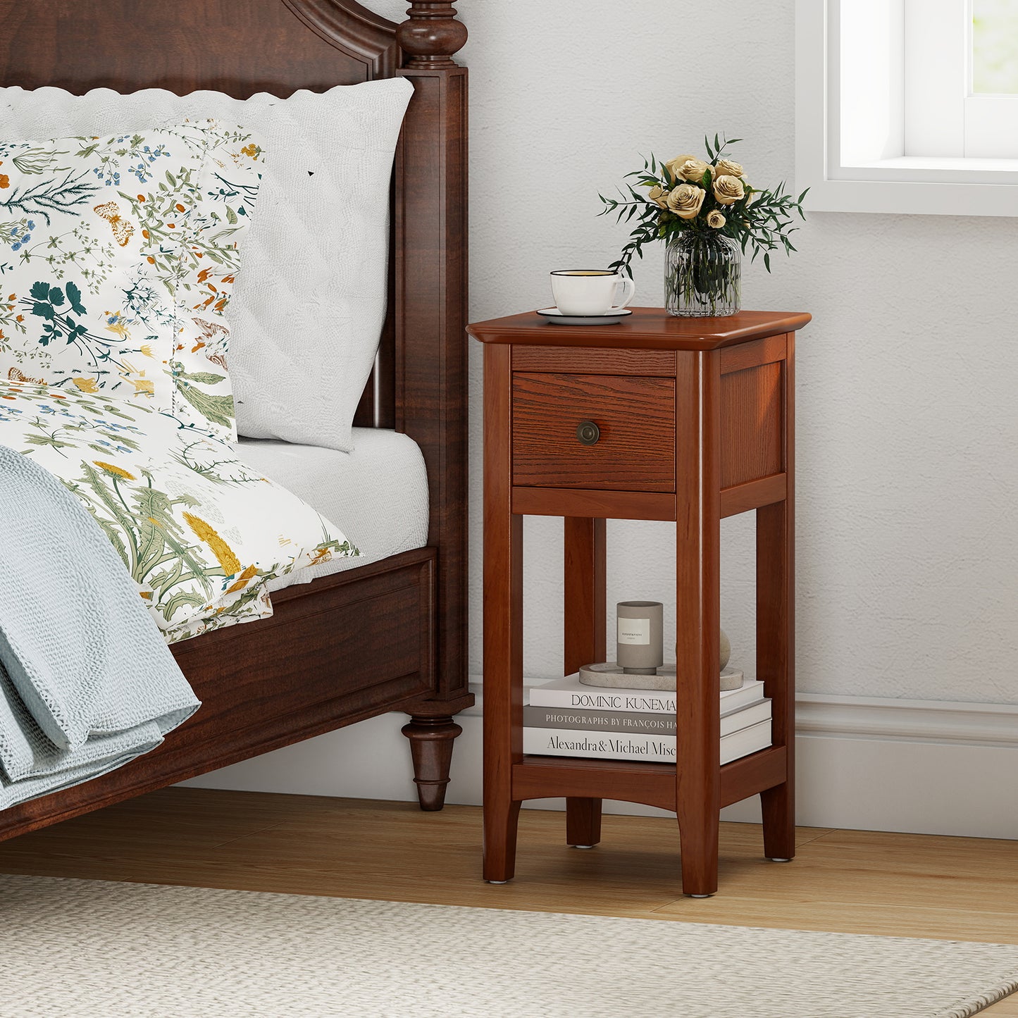 3-Tier Nightstand with Drawer and Open Storage Shelf, Walnut Nightstands at Gallery Canada