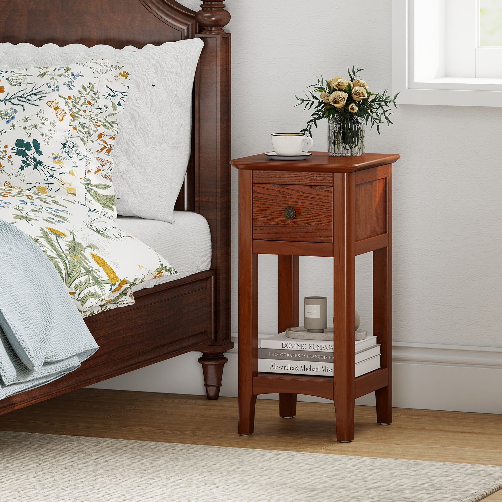 3-Tier Nightstand with Drawer and Open Storage Shelf, Walnut Nightstands at Gallery Canada