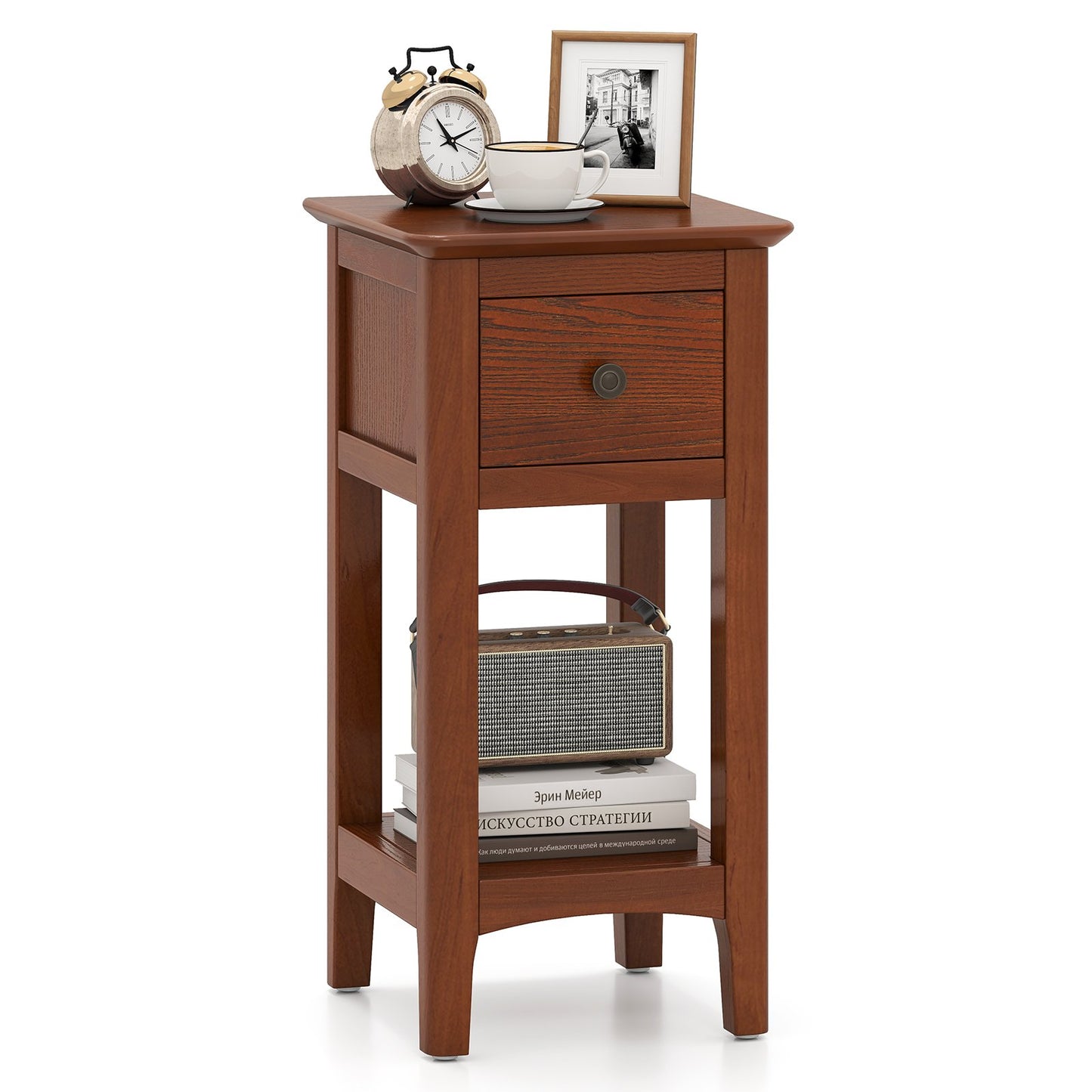 3-Tier Nightstand with Drawer and Open Storage Shelf, Walnut Nightstands at Gallery Canada