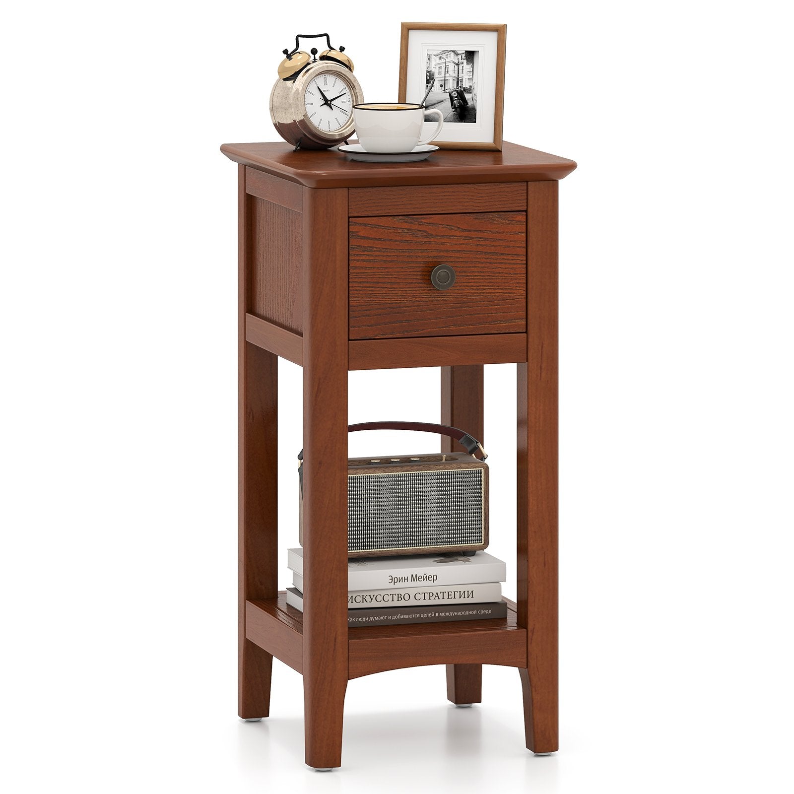 3-Tier Nightstand with Drawer and Open Storage Shelf, Walnut Nightstands at Gallery Canada