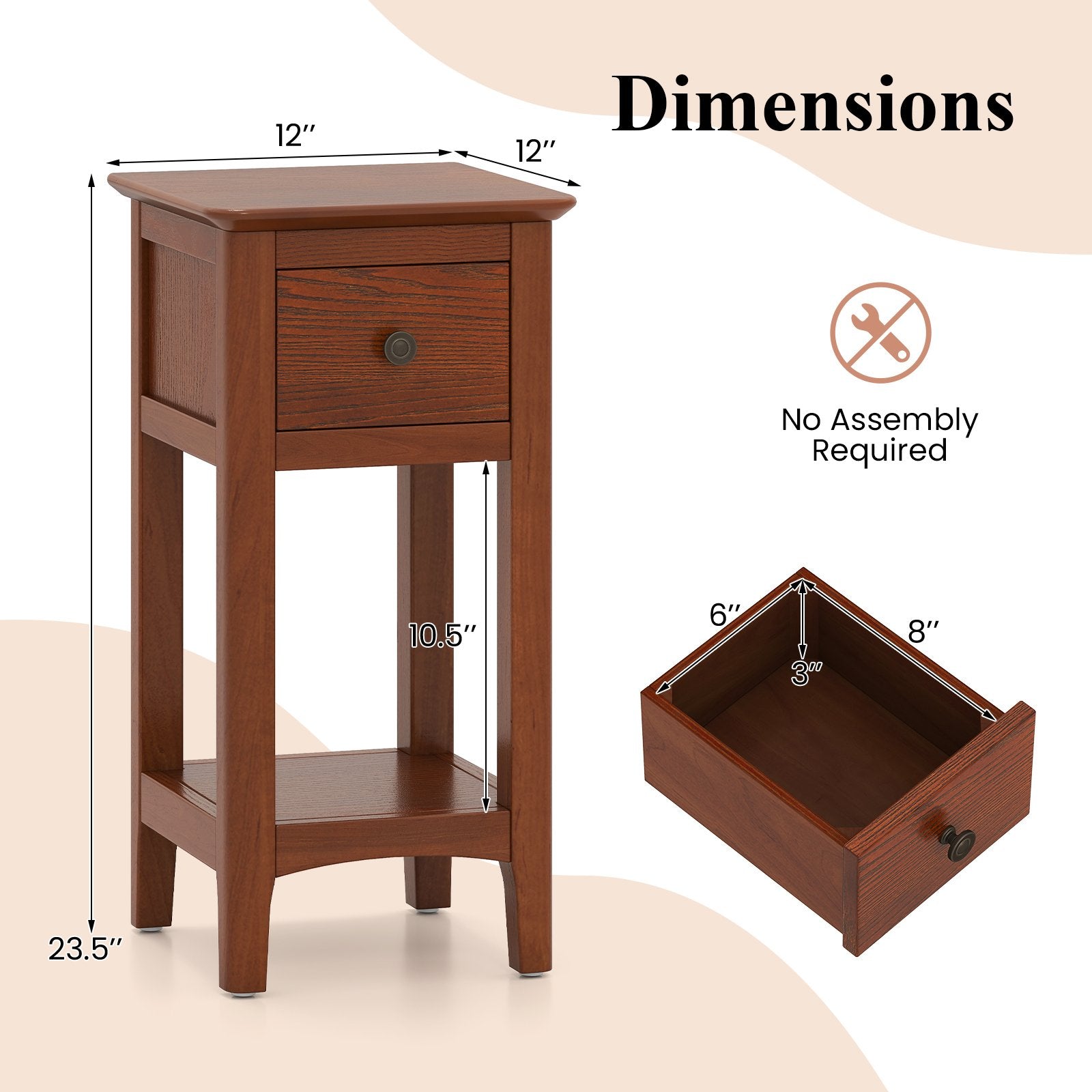 3-Tier Nightstand with Drawer and Open Storage Shelf, Walnut Nightstands at Gallery Canada