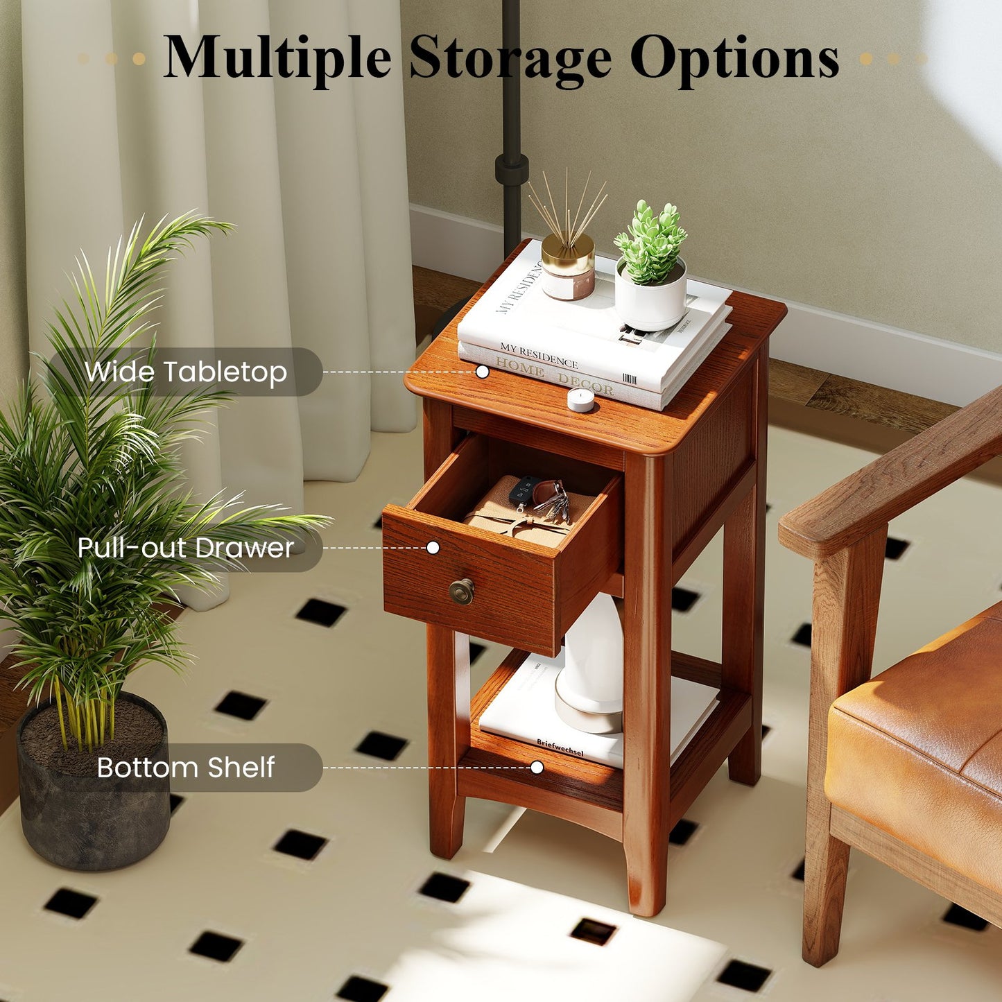3-Tier Nightstand with Drawer and Open Storage Shelf, Walnut Nightstands at Gallery Canada