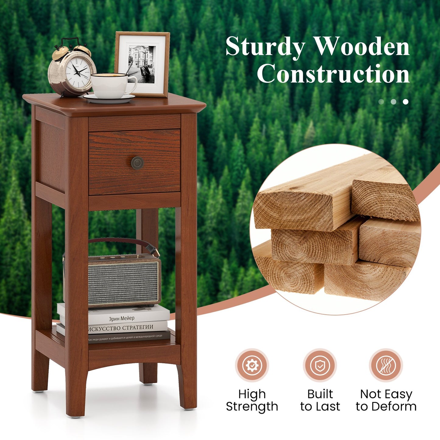 3-Tier Nightstand with Drawer and Open Storage Shelf, Walnut Nightstands at Gallery Canada