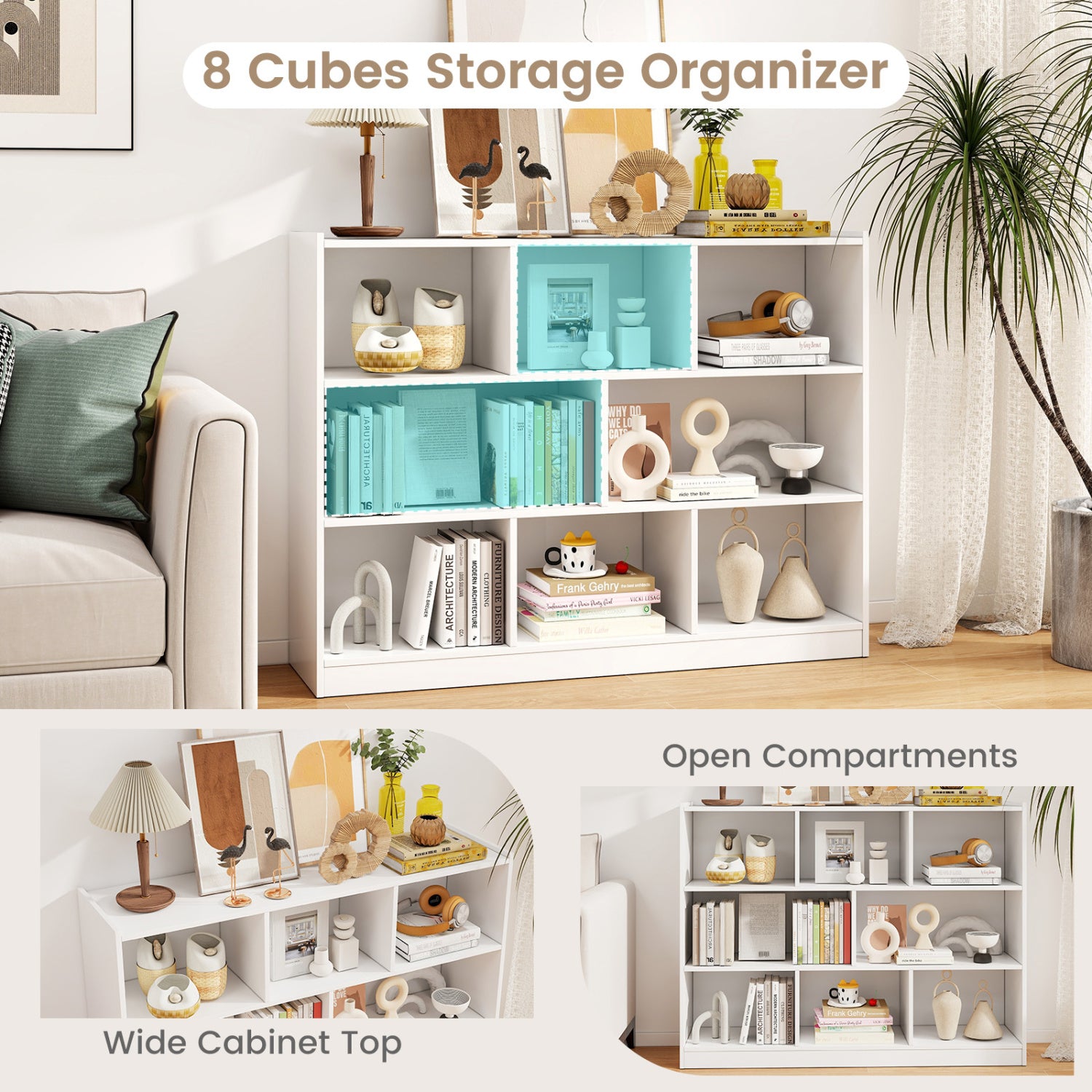 3-Tier 8-Cube Bookcase, Floor Standing Storage Shelves, White Bookcases at Gallery Canada