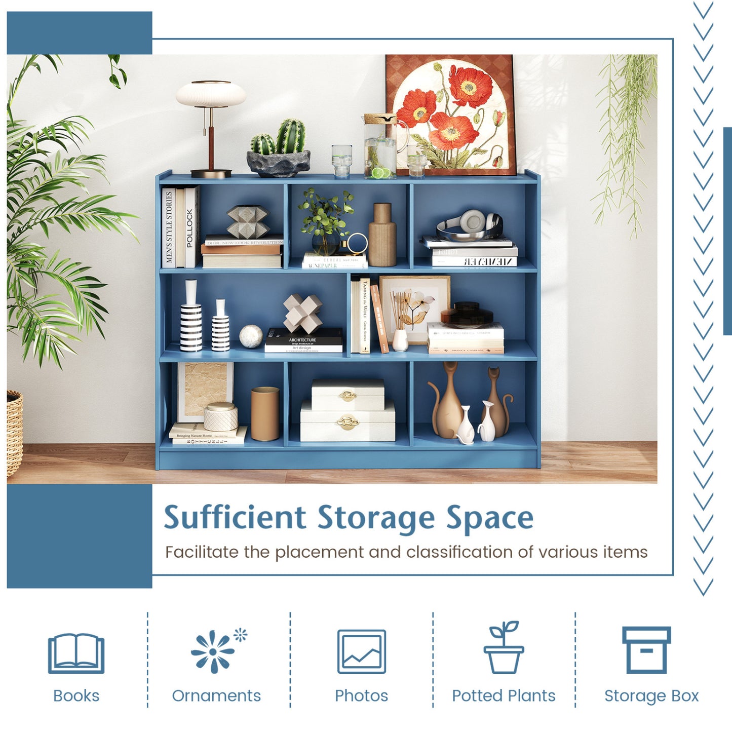 3-Tier Open Bookcase, 8-Cube Floor Standing Storage Shelves, Blue Bookcases at Gallery Canada