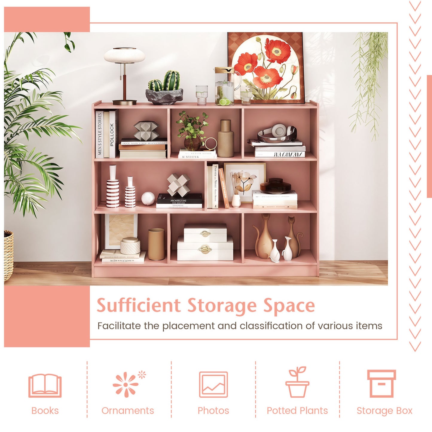 3-Tier 8-Cube Open Bookcase, Pink