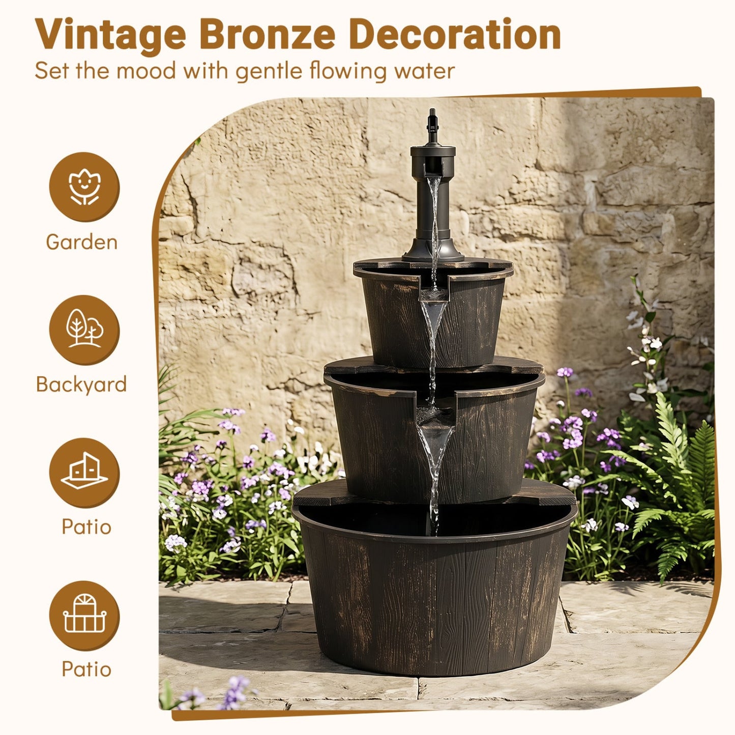 Fontaine de cascade en baril extérieur à 3 niveaux