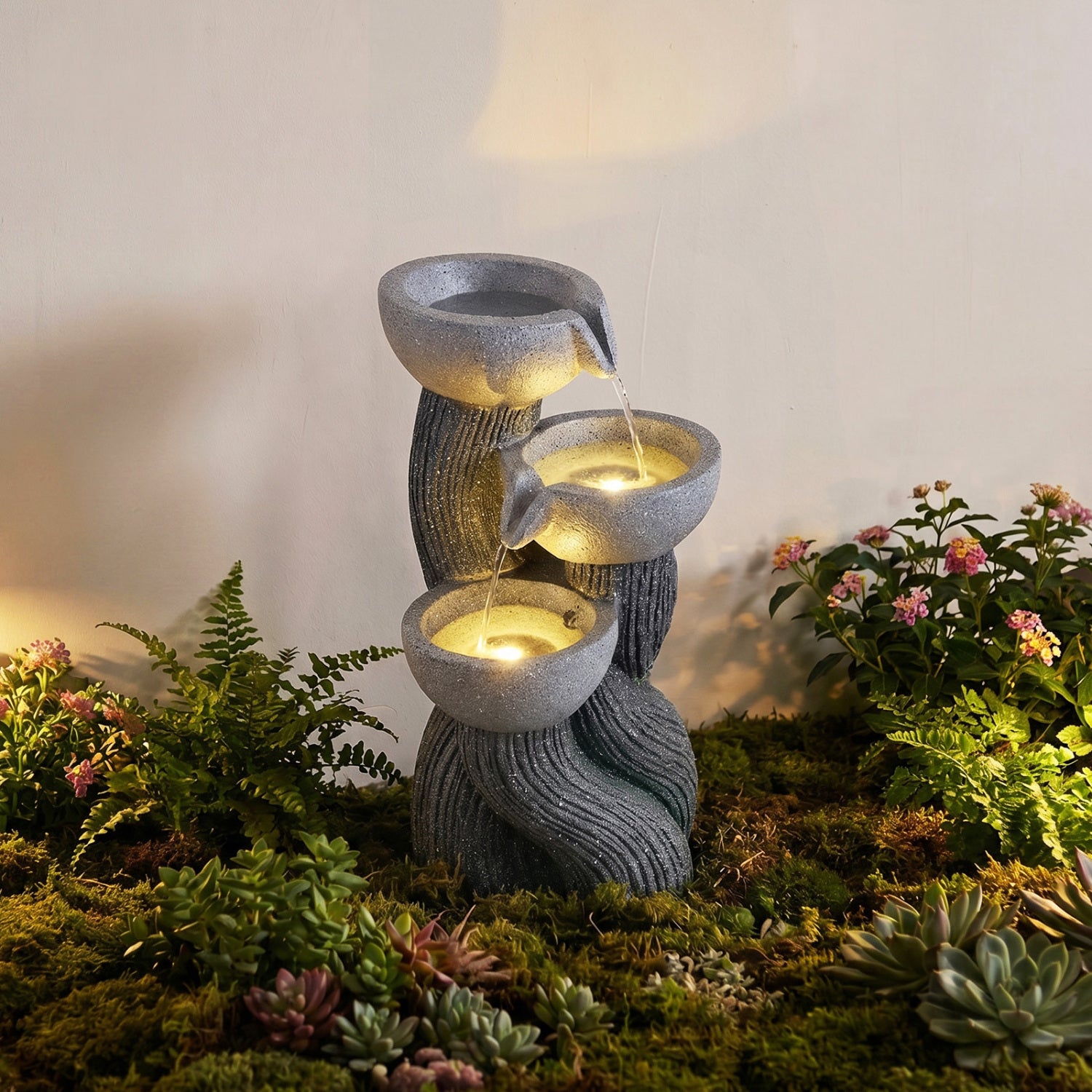 3-Tier Outdoor Water Fountain, 18.5 Inch H, LED Lights, Gray Outdoor Decor at Gallery Canada