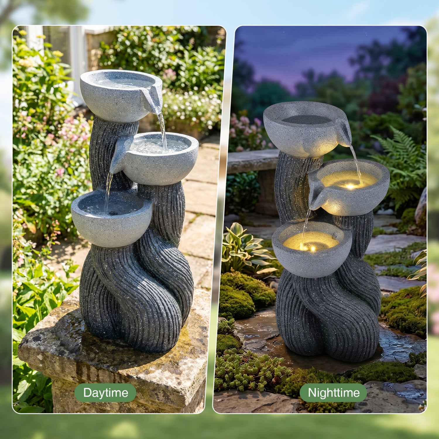 3-Tier Outdoor Water Fountain, 18.5 Inch H, LED Lights, Gray Outdoor Decor at Gallery Canada