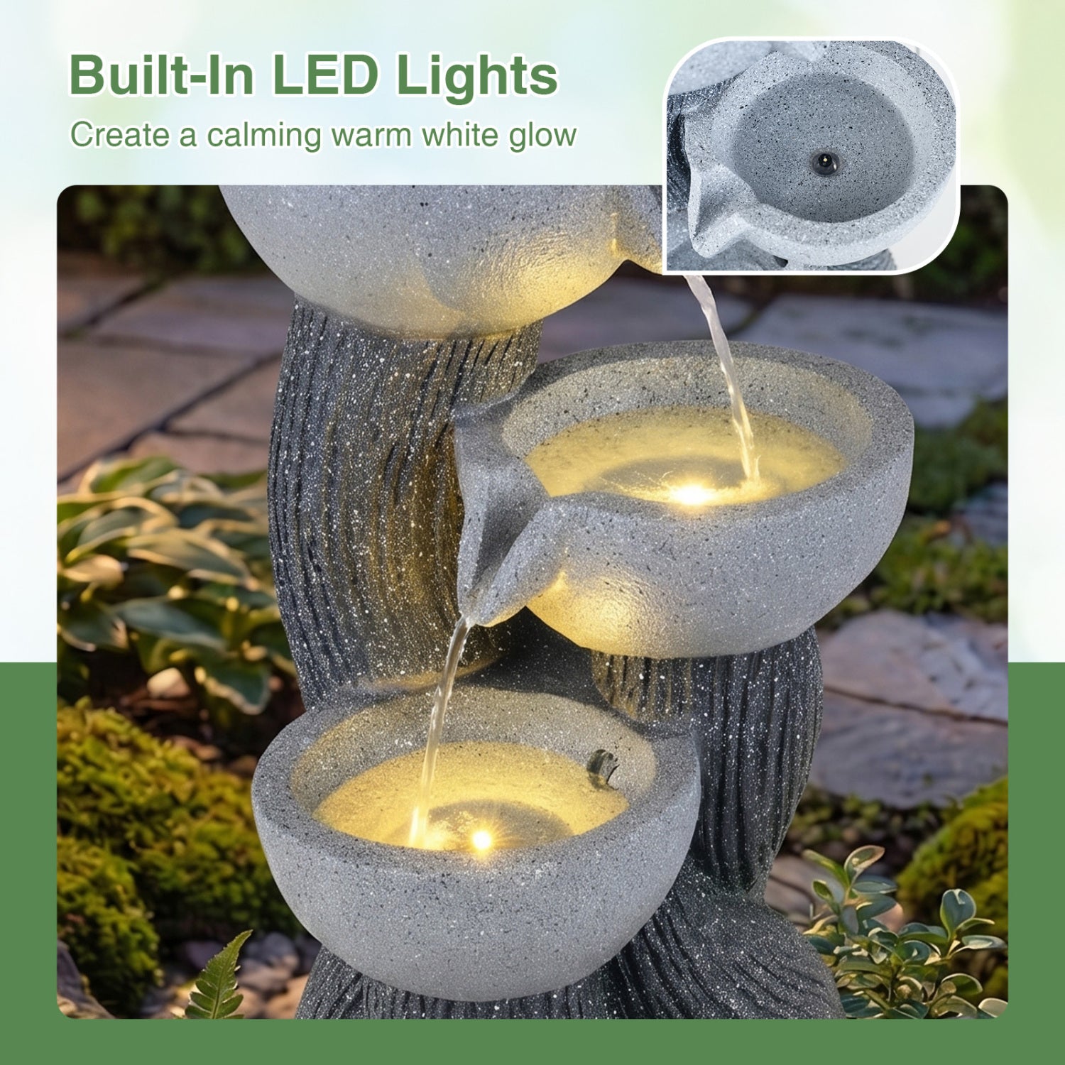 3-Tier Outdoor Water Fountain, 18.5 Inch H, LED Lights, Gray Outdoor Decor at Gallery Canada